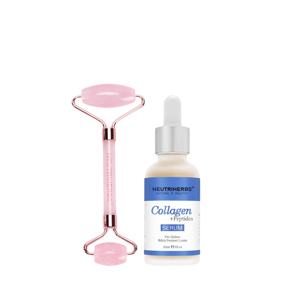 Face Massage Roller Firming Kit med rosenkvartsroller och Collagen + Peptides Serum