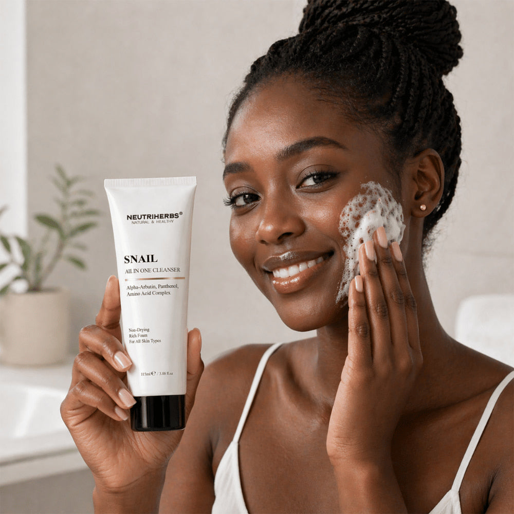 Kvinna använder Neutriherbs Snail All In One Cleanser med rikt rengöringsskum för skonsam ansiktsrengöring. Återfuktande ansiktstvätt som rengör huden effektivt utan att torka ut och passar alla hudtyper.