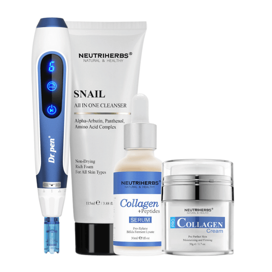 Anti-Age Kit med Dr. Pen A11, Neutriherbs Snail Cleanser, Collagen + Peptides Serum och Pro Collagen Cream.