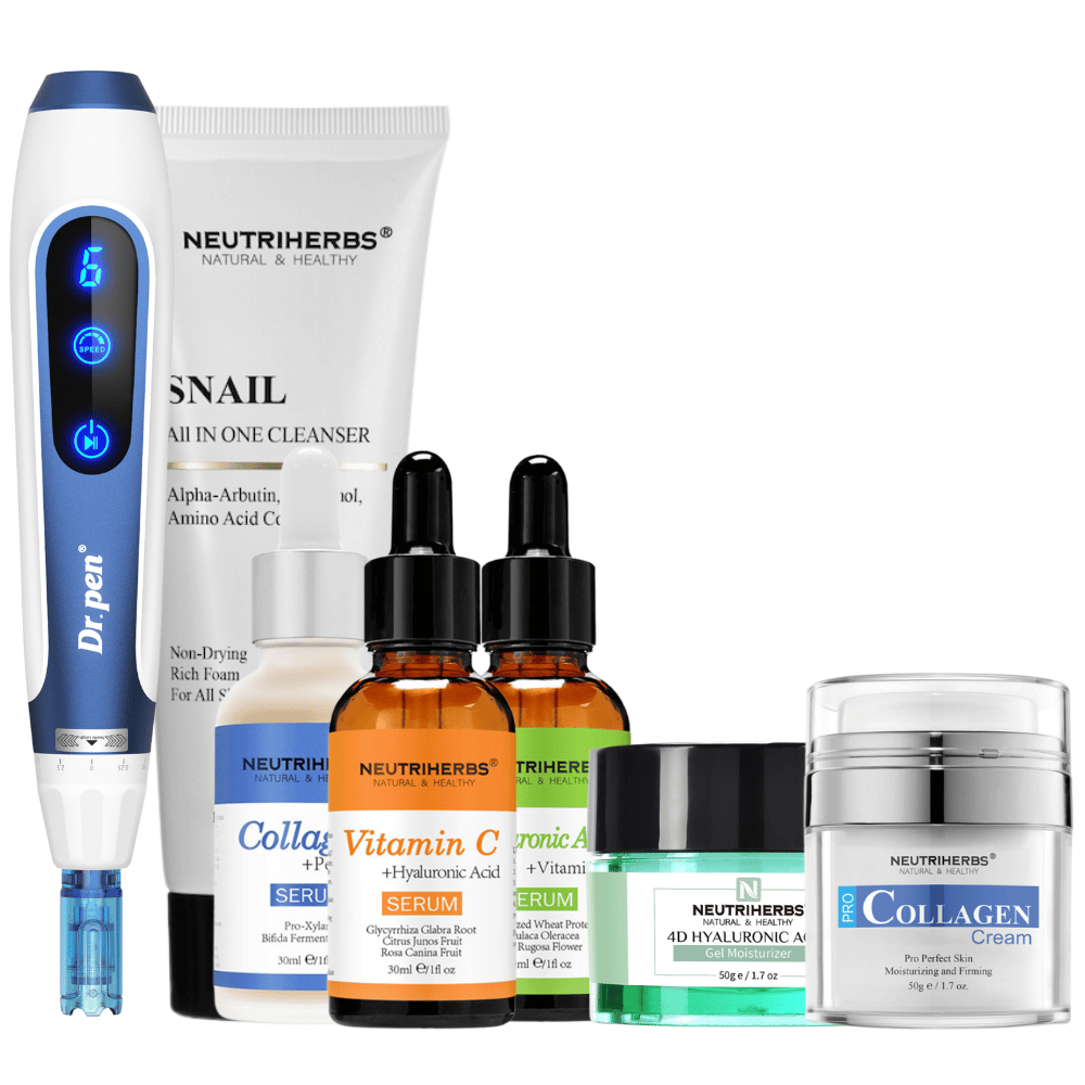 Complete Skin Renewal Kit med Dr. Pen A11, Neutriherbs Snail Cleanser, tre serum, 4D Hyaluronic Acid Gel Moisturizer och Pro Collagen Cream.