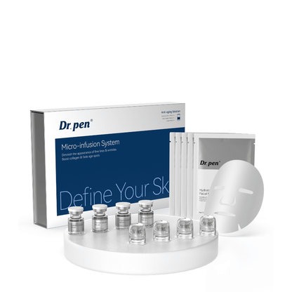 Dr. Pen MIS20 Micro-Infusion System komplett hudvårdskit med peptide infusion serum, micro-infusion-applikatorer och återfuktande ansiktsmasker för behandling av fina linjer, ojämn hudton och glåmig hy.