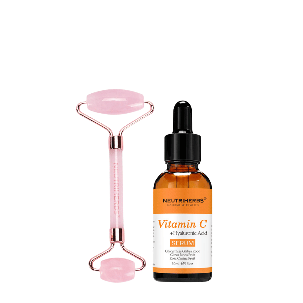 Face Massage Roller Glow Kit med rosenkvartsroller och Vitamin C Serum