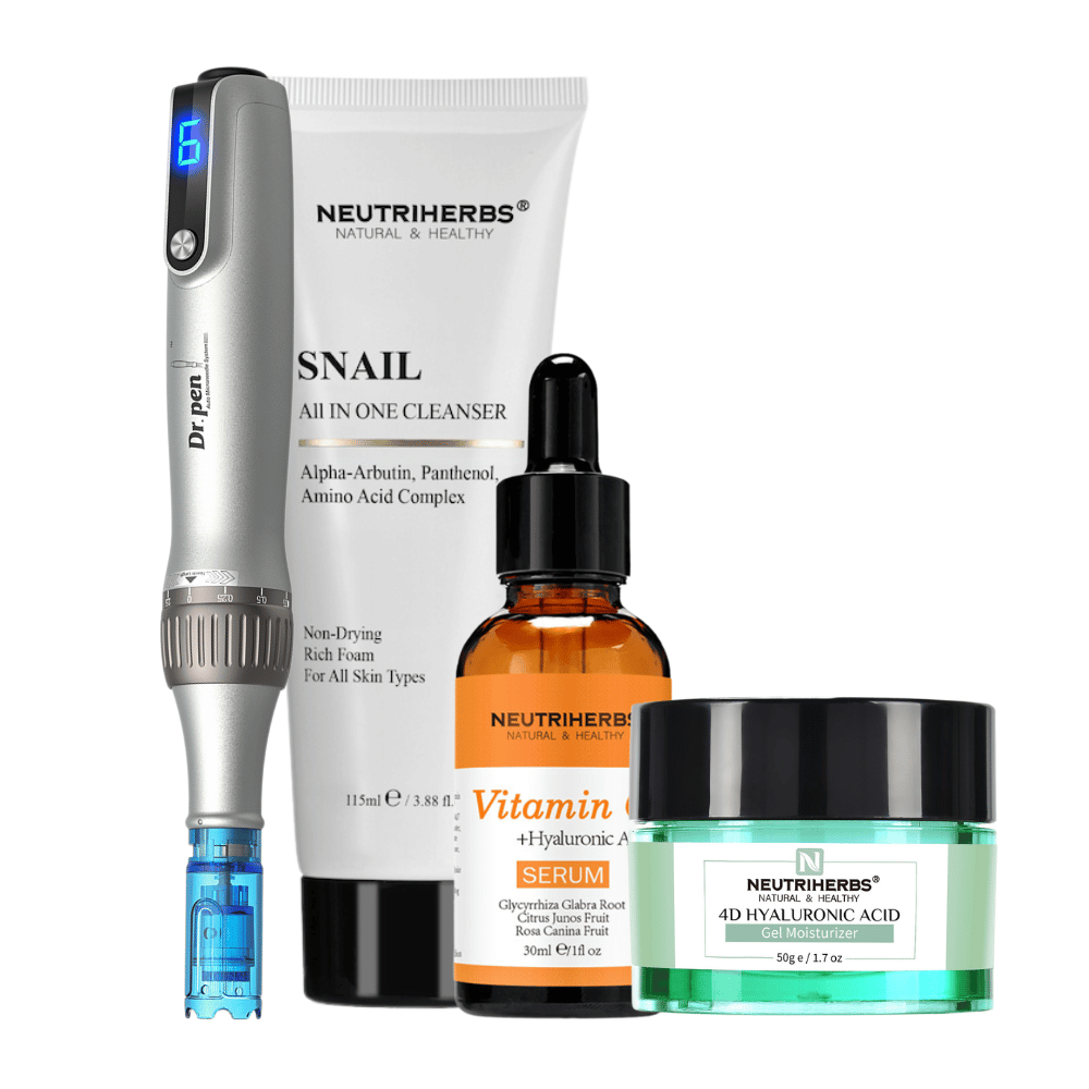 Glow & Brightening Kit med Dr. Pen M8S, Neutriherbs Snail Cleanser, Vitamin C Serum och 4D Hyaluronic Acid Gel Moisturizer.