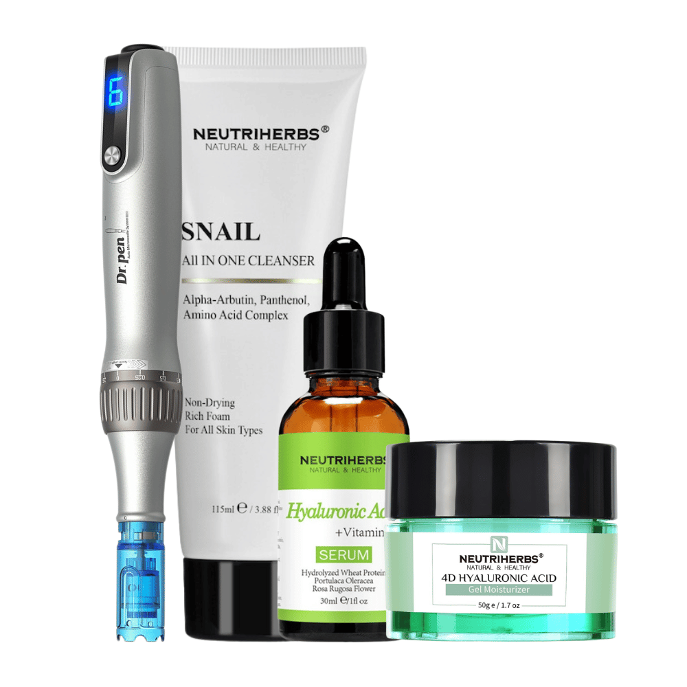 Microneedling Starter Kit med Dr. Pen M8S, Neutriherbs Snail Cleanser, Hyaluronic Acid Serum och 4D Hyaluronic Acid Gel Moisturizer.