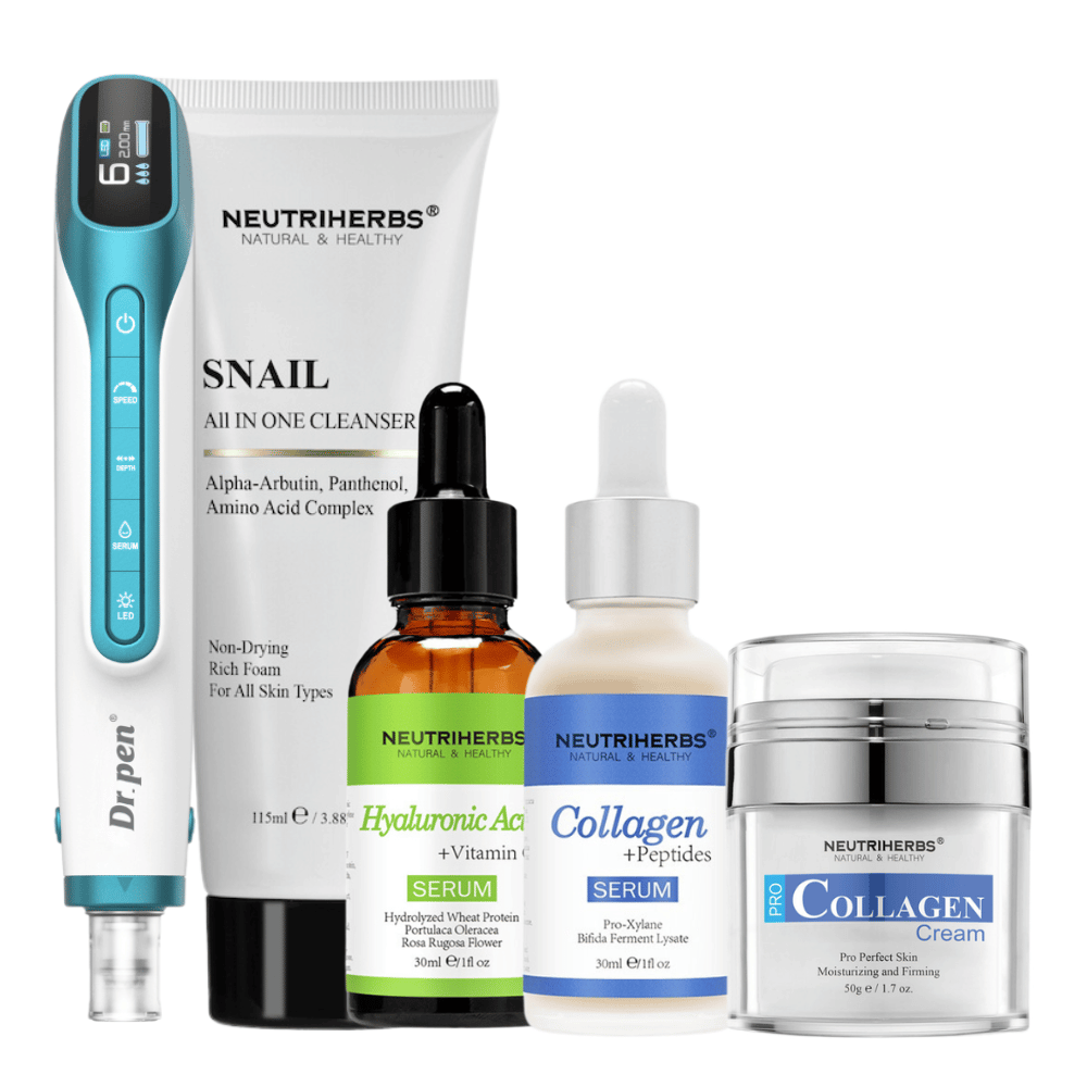 Premium Anti-Aging Kit med Dr. Pen H6, rengöring, hyaluronsyraserum, kollagenserum och kollagenkräm.