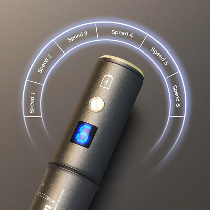 Dr. Pen A8S mikronålningspenna som visar sex hastighetsnivåer med digital display för exakt och anpassad hudbehandling.