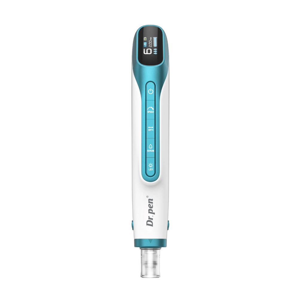 Dr. Pen H6 microneedlingpenna framifrån med digital display och kontrollknappar.