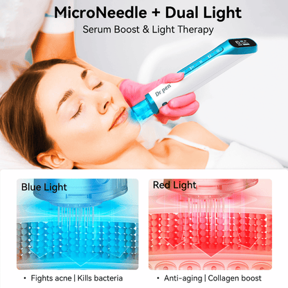 Dr. Pen H6 microneedlingpenna med rött och blått LED-ljus för hudbehandling.