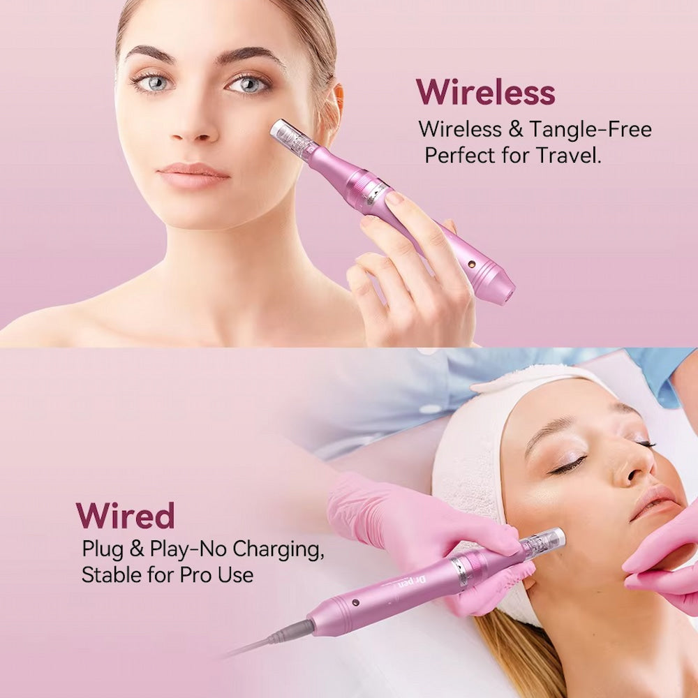 En kvinna använder en rosa, trådlös Dr. Pen M7 microneedling-penna på huden. Texten beskriver att den är trådlös, trasselfri och perfekt att ta med på resor. Nedre bild: En behandlare utför en ansiktsbehandling på en kund med den sladdanslutna versionen av samma penna, som ger stabil drift utan behov av laddning.