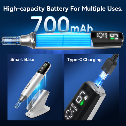 Dr. Pen M9 med kraftfullt 700mAh-batteri, USB-C laddning och smart laddstativ för trådlös microneedling och lång användningstid.