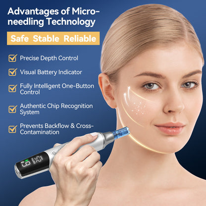 Dr. Pen M9 dermapen med avancerad microneedling-teknologi, justerbart nåldjup och anti-backflow nålpatron för säker hudbehandling.