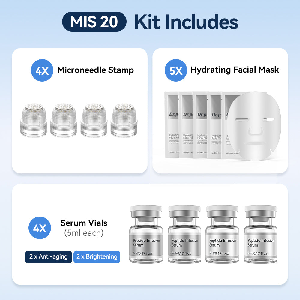 Dr. Pen MIS20 Micro-Infusion Kit med fyra microneedle stamps, fem återfuktande ansiktsmasker och fyra serumflaskor à 5 ml – två anti-age-serum och två serum för en jämnare och mer strålande hy.