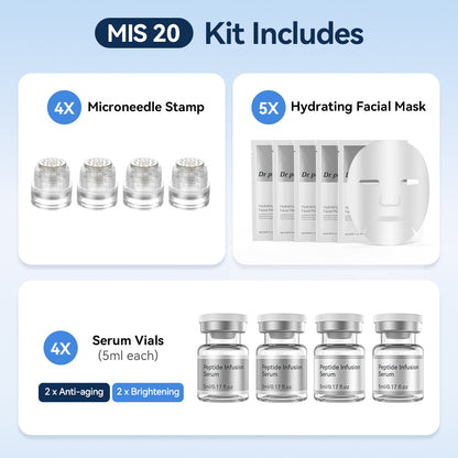 Dr. Pen MIS20 Micro-Infusion Kit med fyra microneedle stamps, fem återfuktande ansiktsmasker och fyra serumflaskor à 5 ml – två anti-age-serum och två serum för en jämnare och mer strålande hy.