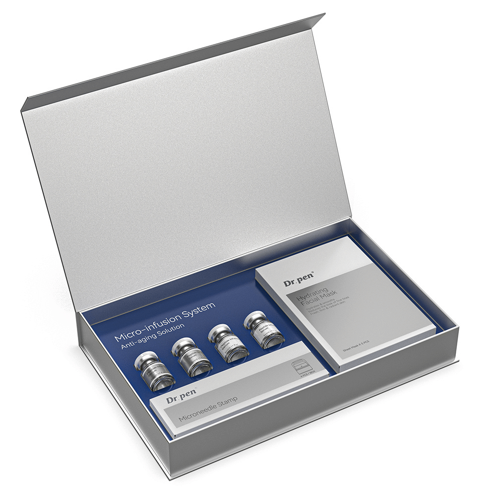 Dr. Pen MIS20 Micro-Infusion System i öppen förpackning med fyra peptide infusion serum, microneedle stamp och återfuktande ansiktsmasker för micro-infusion och hudvård hemma.