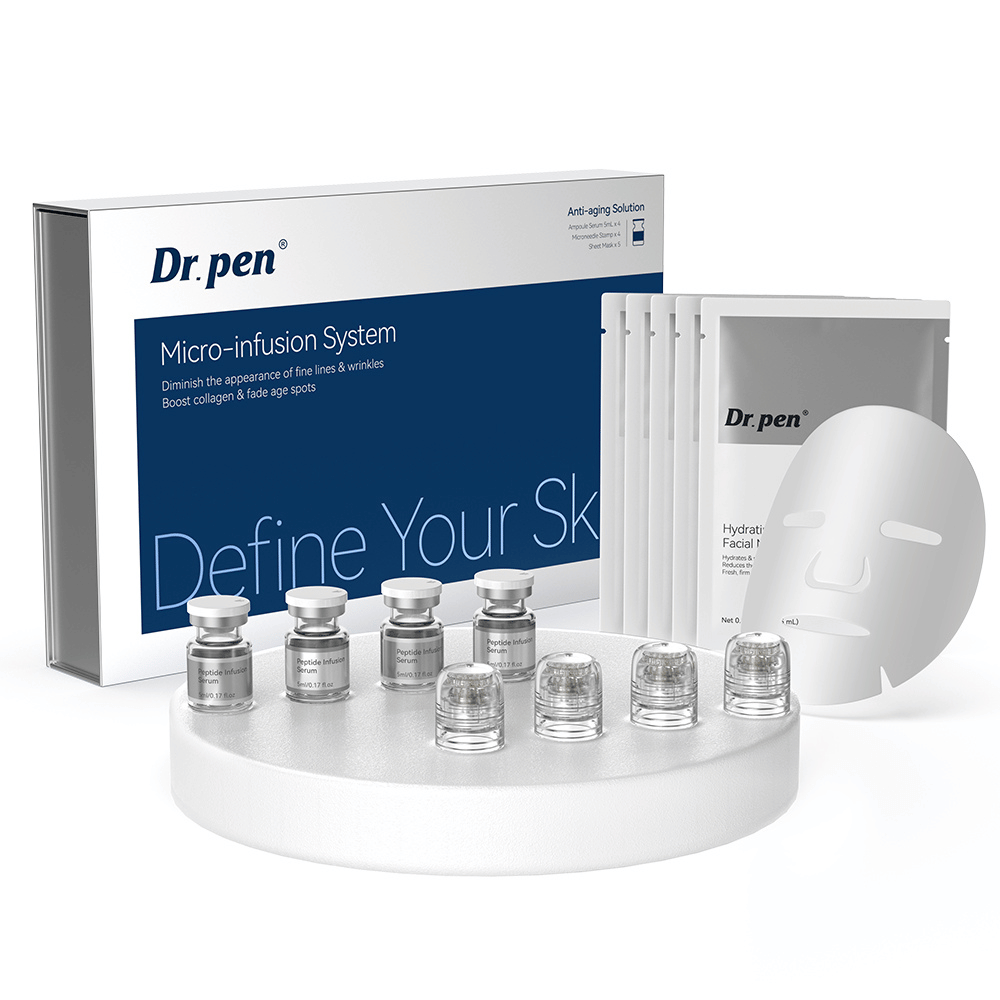 Dr. Pen MIS20 Micro-Infusion System komplett hudvårdskit med peptide infusion serum, micro-infusion-applikatorer och återfuktande ansiktsmasker för behandling av fina linjer, ojämn hudton och glåmig hy.