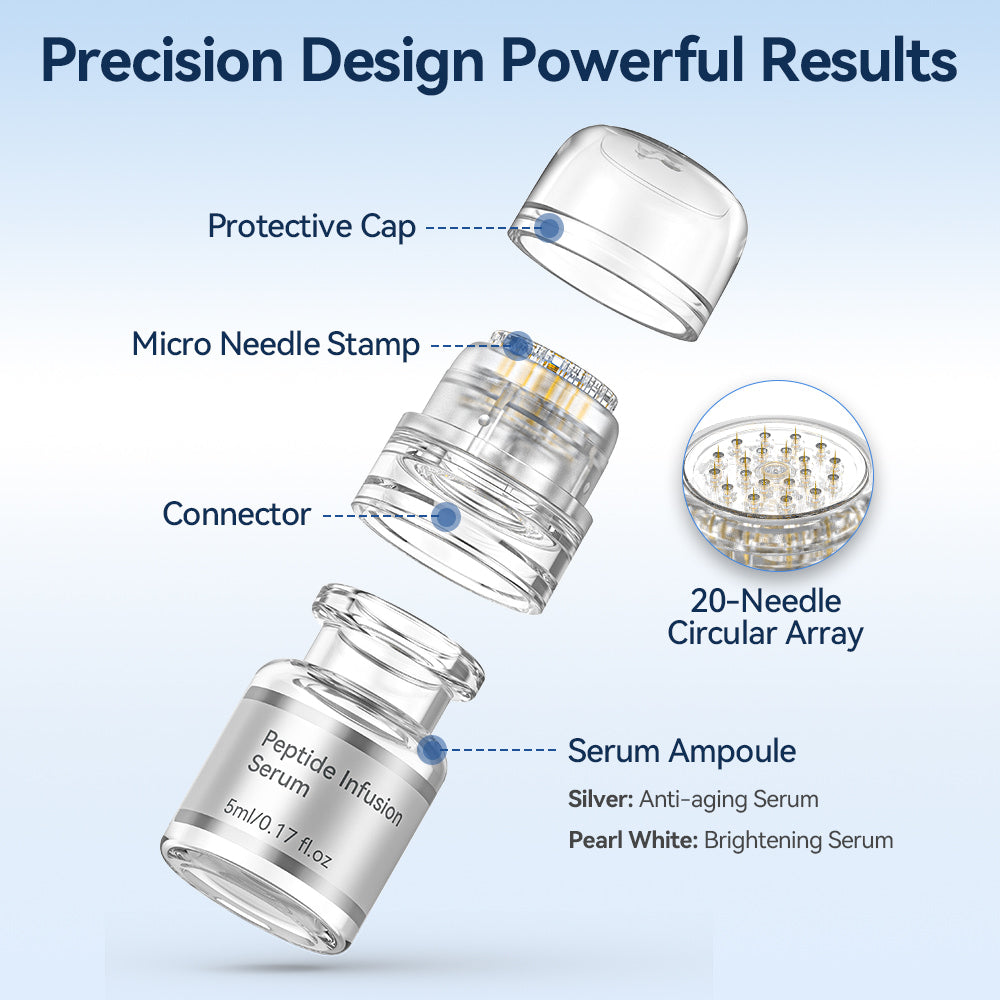 Dr. Pen MIS20 micro-infusion med 20-nåls microneedle-stamp, skyddslock, anslutning och serumampull.