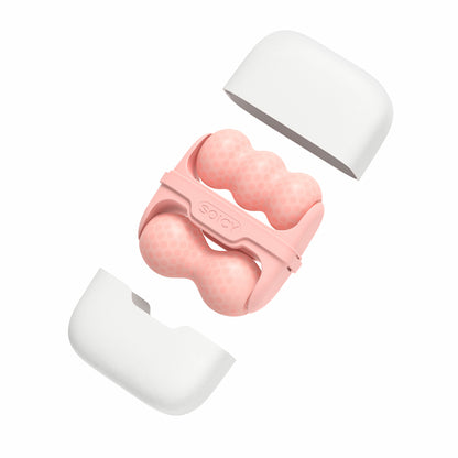 Ice Roller Soicy S30 i rosa – ergonomisk ansiktsroller för kylterapi, massage och lymfdränage, visad i isärtaget läge med vitt förvaringsfodral.
