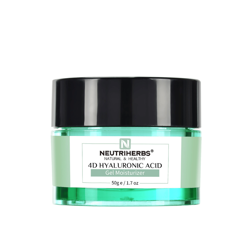 Neutriherbs 4D Hyaluronic Acid Gel Moisturizer 50 g i grön burk. En lätt gelkräm med 4D-hyaluronsyra som återfuktar huden på flera nivåer, hjälper till att stärka hudbarriären och lämnar huden mjuk, smidig och fräsch utan en fet känsla.