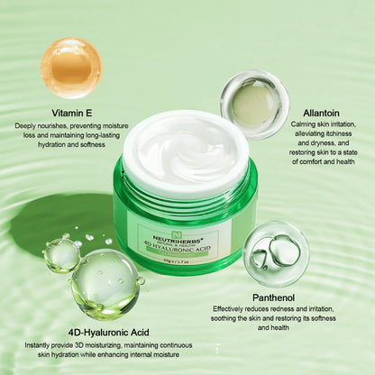 Neutriherbs 4D Hyaluronic Acid Gel Moisturizer 50 g med illustration av aktiva ingredienser. Krämen innehåller 4D-hyaluronsyra för långvarig återfuktning samt vitamin E, panthenol och allantoin som hjälper till att återfukta, lugna huden och stärka hudens skyddsbarriär.