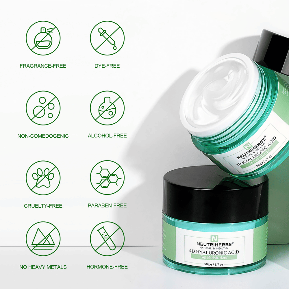 Neutriherbs 4D Hyaluronic Acid Gel Moisturizer 50 g med illustration av produktens egenskaper. Gelkrämen är parfymfri, alkoholfri, färgämnesfri, icke-komedogen, parabenfri och cruelty-free samt fri från tungmetaller och hormoner, vilket gör den skonsam för alla hudtyper, även känslig hud.
