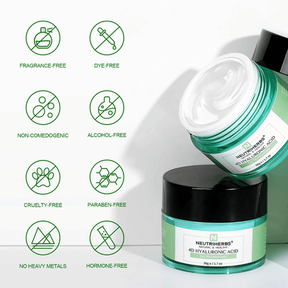 Neutriherbs 4D Hyaluronic Acid Gel Moisturizer 50 g med illustration av produktens egenskaper. Gelkrämen är parfymfri, alkoholfri, färgämnesfri, icke-komedogen, parabenfri och cruelty-free samt fri från tungmetaller och hormoner, vilket gör den skonsam för alla hudtyper, även känslig hud.