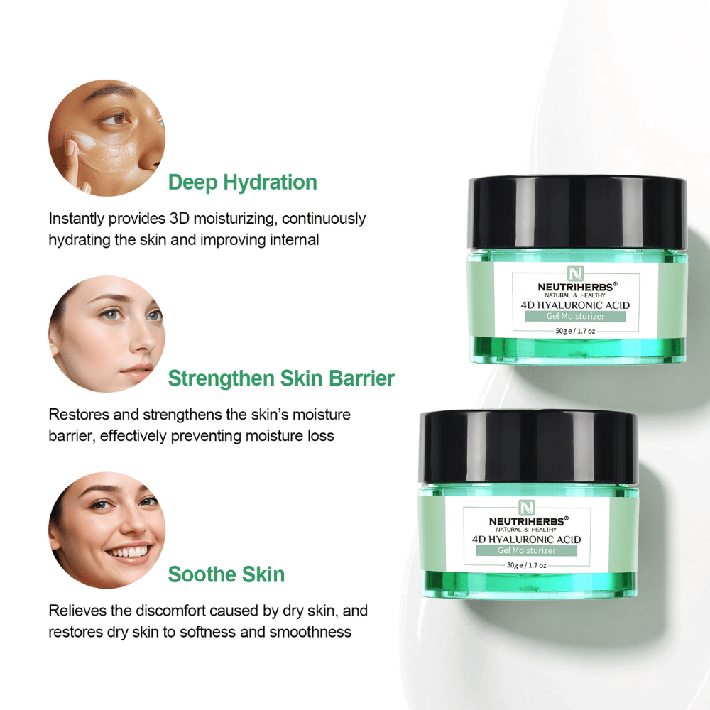 Neutriherbs 4D Hyaluronic Acid Gel Moisturizer 50 g med illustration av produktens främsta fördelar. Gelkrämen ger intensiv återfuktning, hjälper till att stärka hudens skyddsbarriär och lugnar torr och känslig hud för en mjukare och smidigare hudkänsla.
