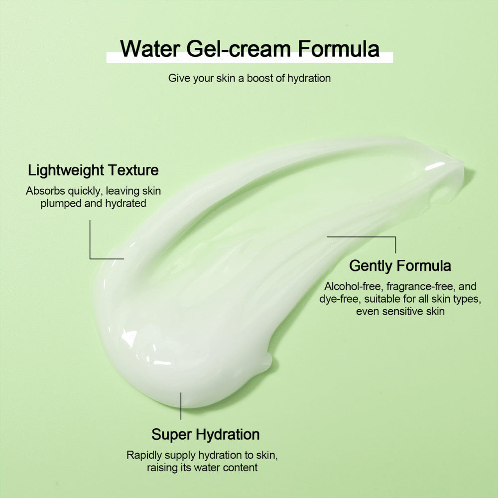 Illustration av den lätta geltexturen i Neutriherbs 4D Hyaluronic Acid Gel Moisturizer. Den vattenbaserade gelkrämen absorberas snabbt, ger intensiv återfuktning och lämnar huden mjuk, fyllig och fräsch. Formulan är skonsam och passar alla hudtyper, även känslig hud.
