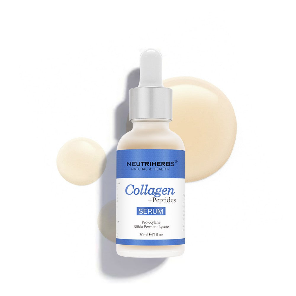 Neutriherbs Collagen + Peptides Serum 30 ml mot vit bakgrund med dekorativa kollagenbubblor. Återfuktande och uppstramande ansiktsserum som hjälper till att förbättra hudens elasticitet och minska synliga fina linjer.