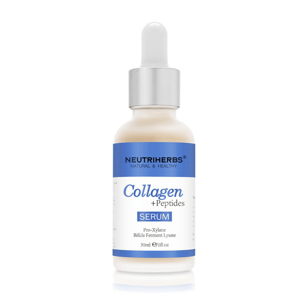 Neutriherbs Collagen + Peptides Serum 30 ml med kollagen och peptider. Uppstramande ansiktsserum som förbättrar hudens elasticitet, återfuktar på djupet och hjälper till att minska fina linjer och ålderstecken.