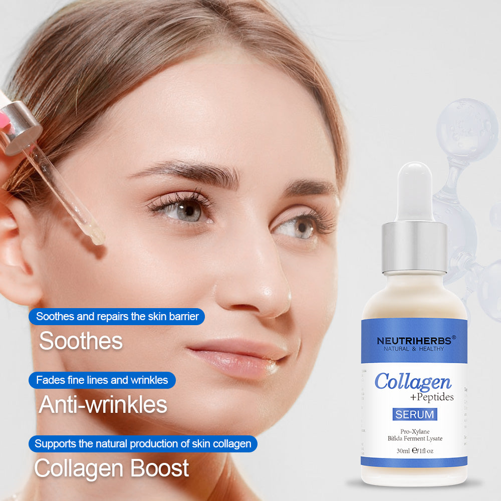 Kvinna applicerar Neutriherbs Collagen + Peptides Serum 30 ml med pipett på ansiktet. Återfuktande serum som hjälper till att stärka hudbarriären, förbättra hudens elasticitet och minska synliga fina linjer och rynkor.