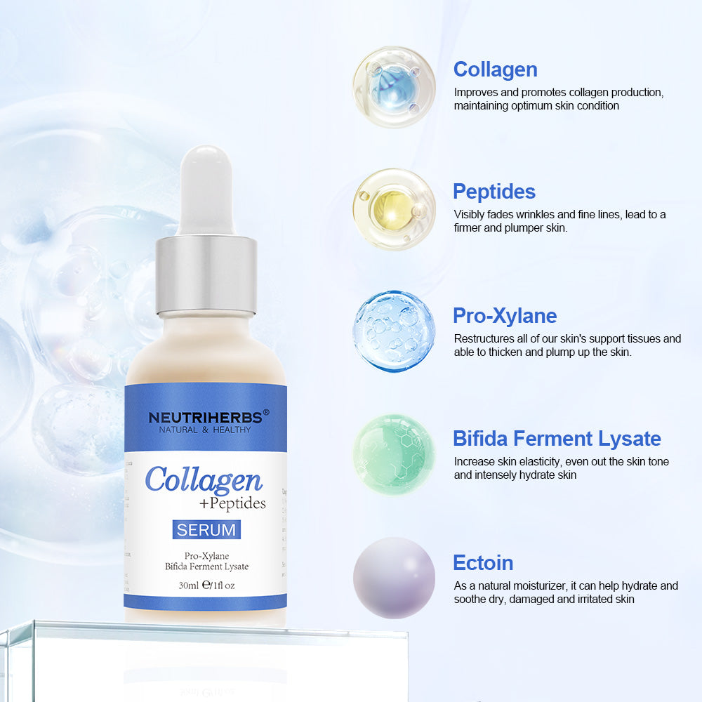 Illustration av nyckelingredienserna i Neutriherbs Collagen + Peptides Serum 30 ml. Visar kollagen, peptider, Pro-Xylane, Bifida Ferment Lysate och ectoin – ingredienser som hjälper till att återfukta huden, förbättra elasticiteten och minska synliga fina linjer.
