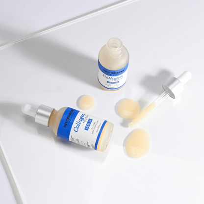 Neutriherbs Collagen + Peptides Serum 30 ml med öppen flaska, pipett och serumtextur. Närbild som visar den silkeslena konsistensen och den praktiska pipettapplikatorn för exakt dosering.