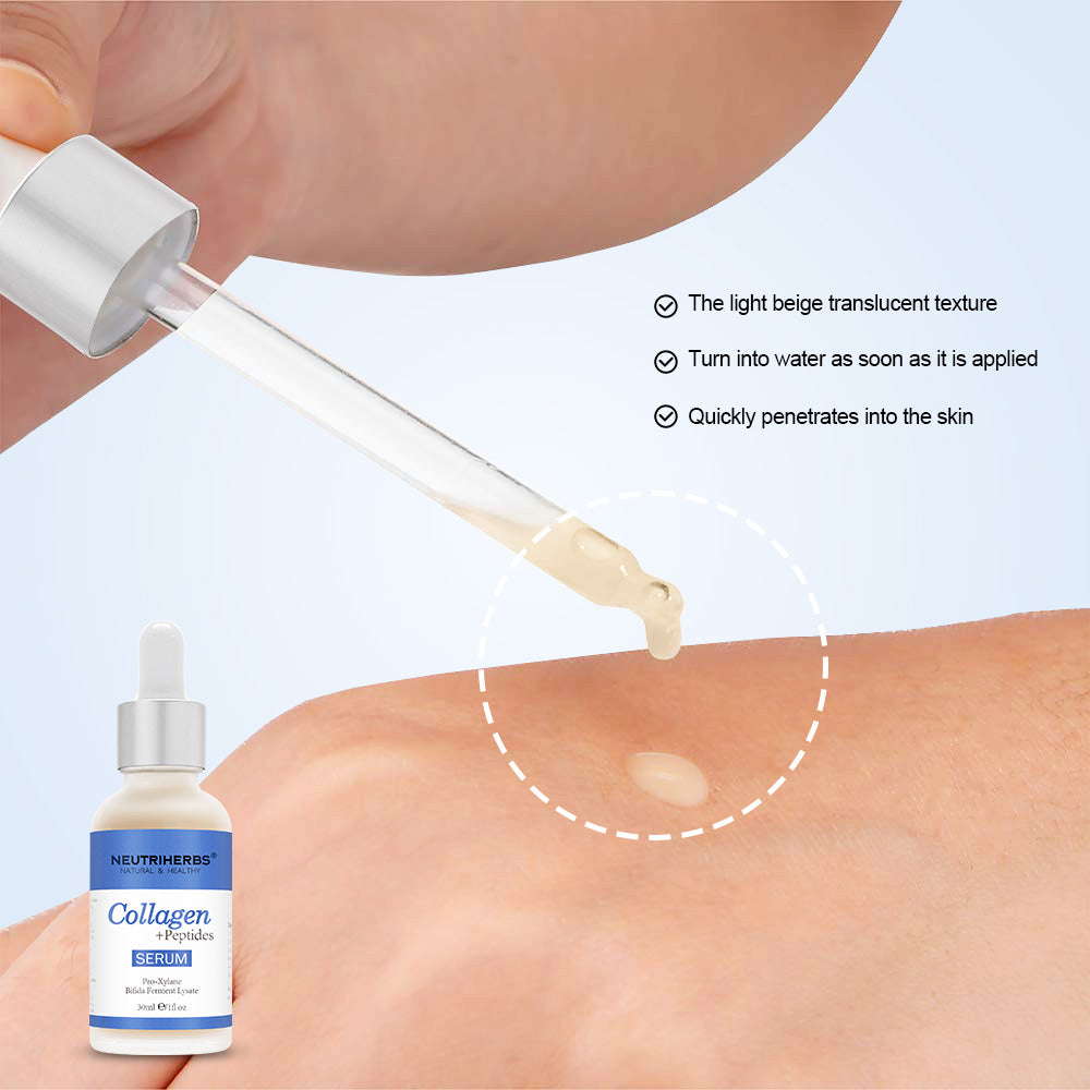 Närbild av Neutriherbs Collagen + Peptides Serum 30 ml som appliceras med pipett på huden. Bilden visar serumets lätta, snabbabsorberande konsistens som återfuktar huden utan att kännas kladdig.