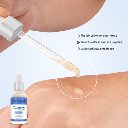 Närbild av Neutriherbs Collagen + Peptides Serum 30 ml som appliceras med pipett på huden. Bilden visar serumets lätta, snabbabsorberande konsistens som återfuktar huden utan att kännas kladdig.