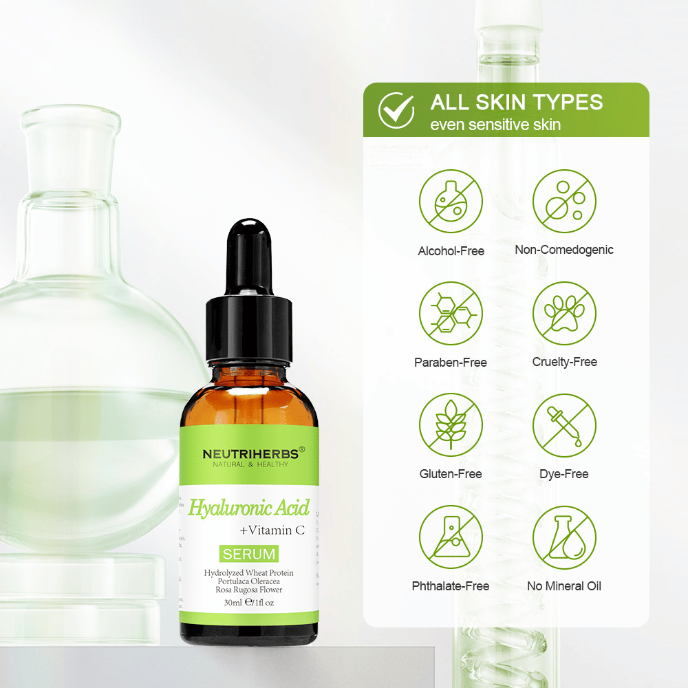Neutriherbs Hyaluronic Acid + Vitamin C Serum 30 ml för alla hudtyper, även känslig hud. Återfuktande ansiktsserum utan alkohol, parabener, mineralolja eller färgämnen som stärker hudbarriären och ger huden lyster.