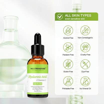Neutriherbs Hyaluronic Acid + Vitamin C Serum 30 ml för alla hudtyper, även känslig hud. Återfuktande ansiktsserum utan alkohol, parabener, mineralolja eller färgämnen som stärker hudbarriären och ger huden lyster.