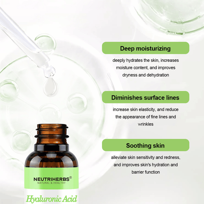 Neutriherbs Hyaluronic Acid + Vitamin C Serum 30 ml. Återfuktande ansiktsserum med hyaluronsyra och vitamin C som ger intensiv återfuktning, lugnar känslig hud, stärker hudbarriären och hjälper till att minska fina linjer och rynkor.