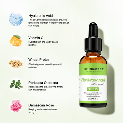 Neutriherbs Hyaluronic Acid + Vitamin C Serum 30 ml med hyaluronsyra, vitamin C, hydrolyserat veteprotein, Portulaca Oleracea och damascenerros. Återfuktande ansiktsserum som stärker hudbarriären, lugnar huden och ger ökad lyster.