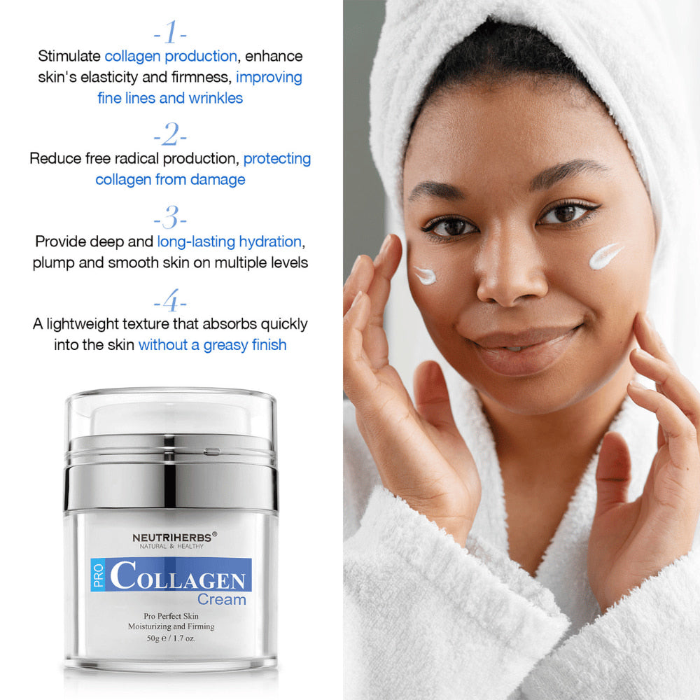 Neutriherbs Pro Collagen Cream 50 g återfuktande ansiktskräm med kollagen. Bild som visar krämen applicerad på huden och lyfter fram produktens egenskaper: stimulerar kollagenproduktionen, bidrar till fastare hud, ger långvarig återfuktning och absorberas snabbt utan att kännas fet.