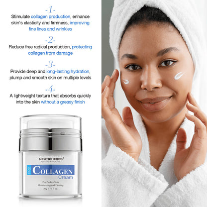 Neutriherbs Pro Collagen Cream 50 g återfuktande ansiktskräm med kollagen. Bild som visar krämen applicerad på huden och lyfter fram produktens egenskaper: stimulerar kollagenproduktionen, bidrar till fastare hud, ger långvarig återfuktning och absorberas snabbt utan att kännas fet.