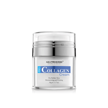 Neutriherbs Pro Collagen Cream 50 g i stilren burk. En återfuktande och uppstramande ansiktskräm som är utvecklad för att förbättra hudens elasticitet, ge långvarig återfuktning och bidra till en fastare hud med mjuk och smidig känsla.