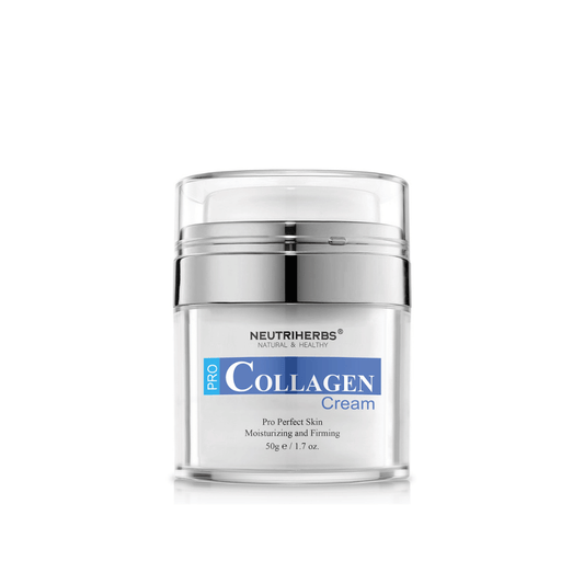 Neutriherbs Pro Collagen Cream 50 g i stilren burk. En återfuktande och uppstramande ansiktskräm som är utvecklad för att förbättra hudens elasticitet, ge långvarig återfuktning och bidra till en fastare hud med mjuk och smidig känsla.