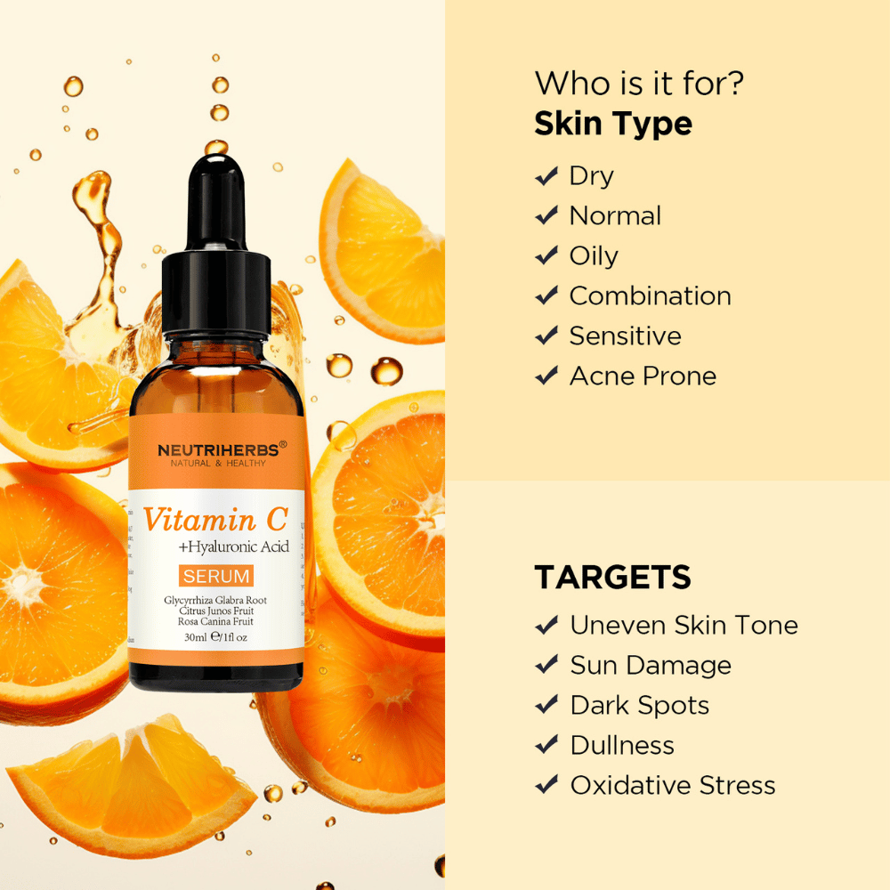 Neutriherbs Vitamin C + Hyaluronic Acid Serum 30 ml med apelsiner. Illustrationen visar att serumet passar alla hudtyper, inklusive känslig och aknebenägen hud, samt är utvecklat för ojämn hudton, pigmentfläckar, solskador, glåmighet och oxidativ stress.